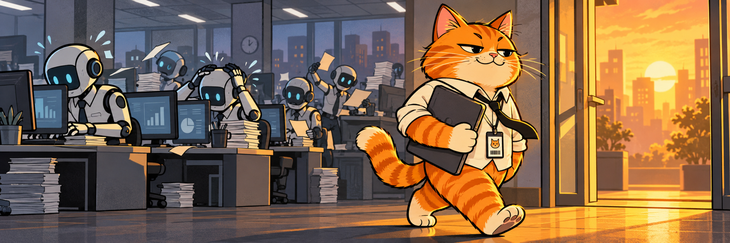 Clockout Cat heads for the exit carrying his laptop while AI robots work frantically at their office desks.